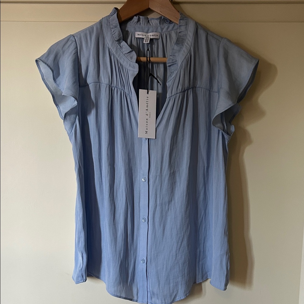 Maison DeAmelie. Light Blue Ruffle Cap-Sleeve Button Down Shirt